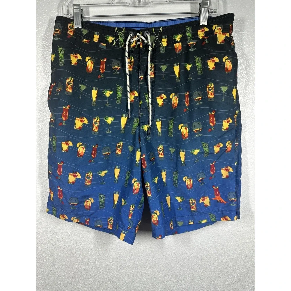 Tommy Bahama Relax Swim‎ Trunks Mens Medium Blue Cocktail Print Mesh Liner Beach